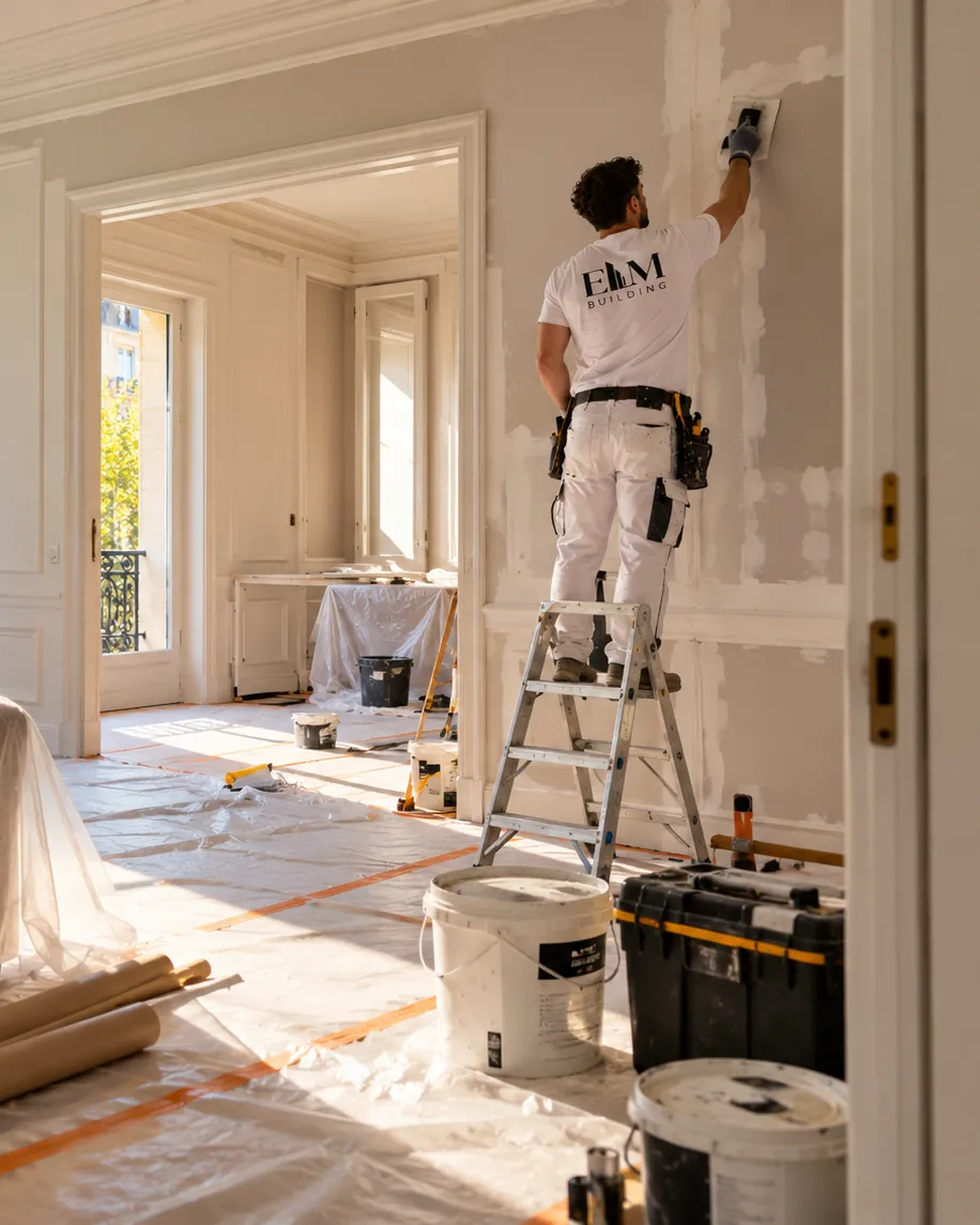 Peintre ELM Building en train d'enduire un mur, dans un appartement haussmannien aux sols et meubles protégés